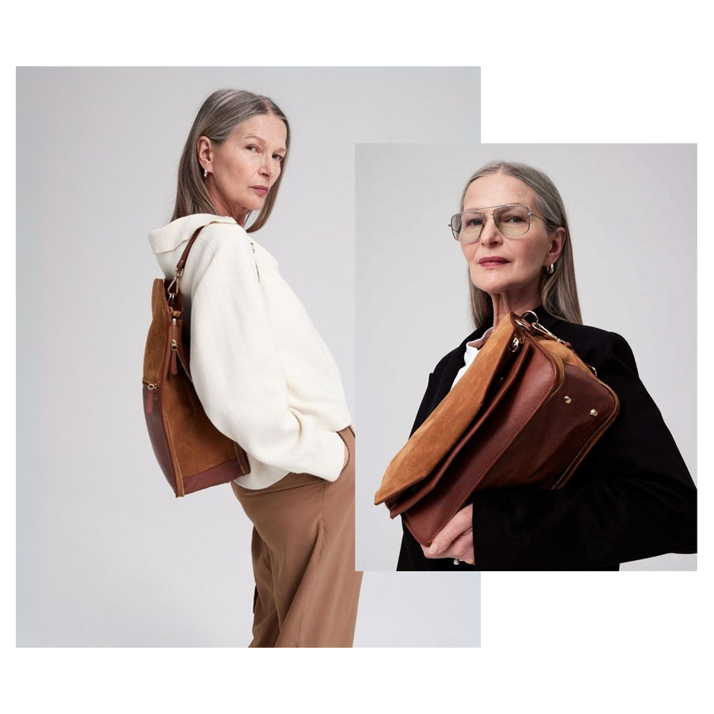 Bo Bardi bag in fudge brown displayed in a collage showcasing its versatility – worn as a backpack, tote bag, shoulder bag, and clutch, ideal for everyday use and travel.