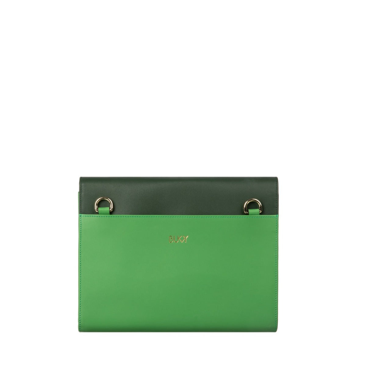 Baksida på grön väska med gulddetaljer