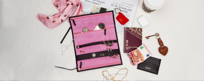 Bukvy Jewelry storage in burgundy and pink leather