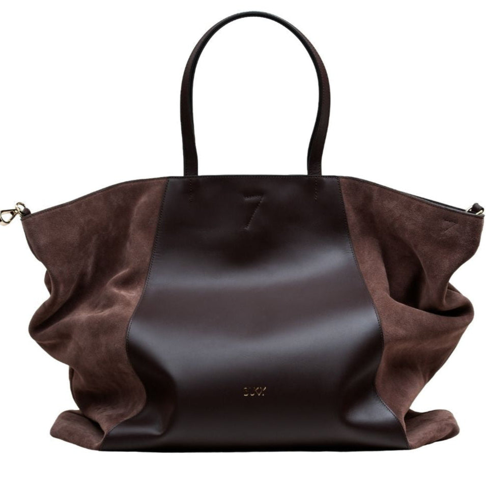 Brown leather handbag with suede accents 