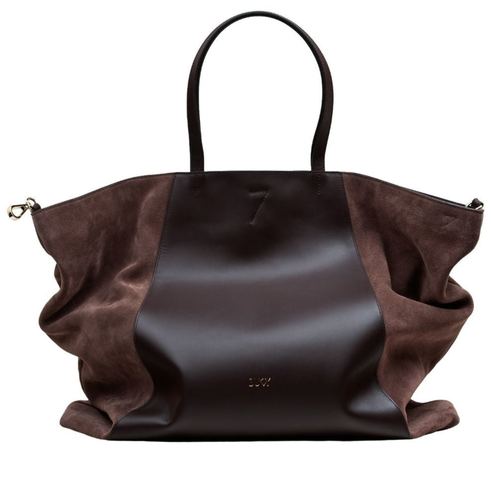 Brown leather handbag with suede accents 