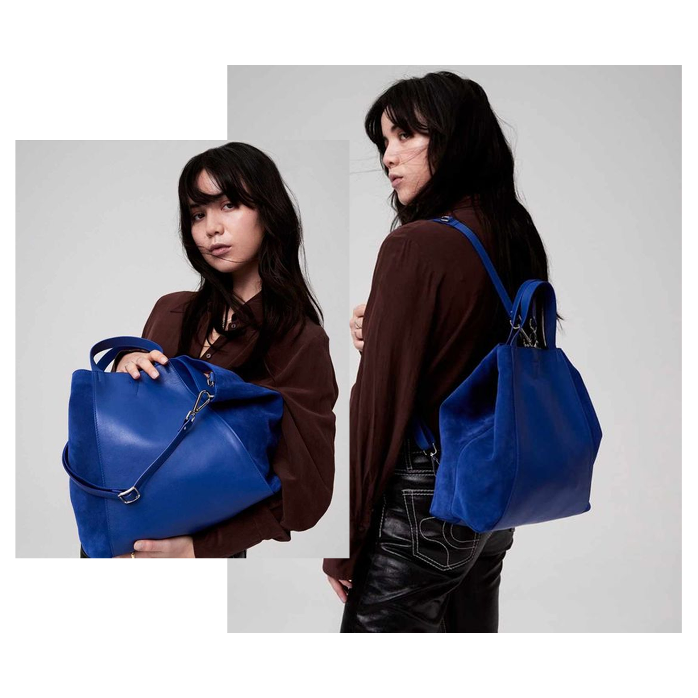 Cobalt Curie work bag worn by a woman, showcasing its versatile design.