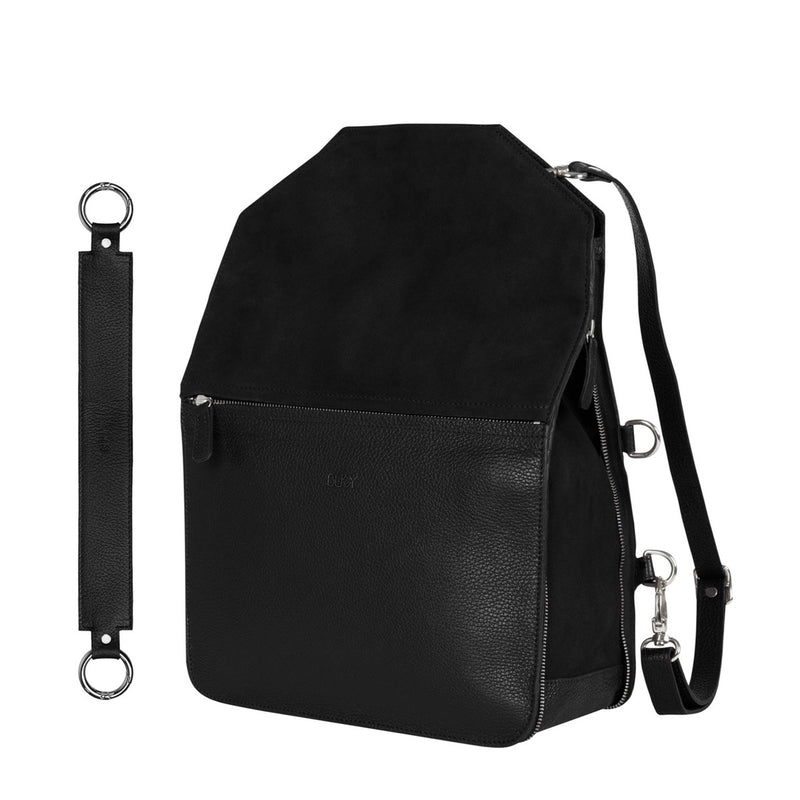 Svart multifunktionell ryggsäck med silverdetaljer och svart multi-strap